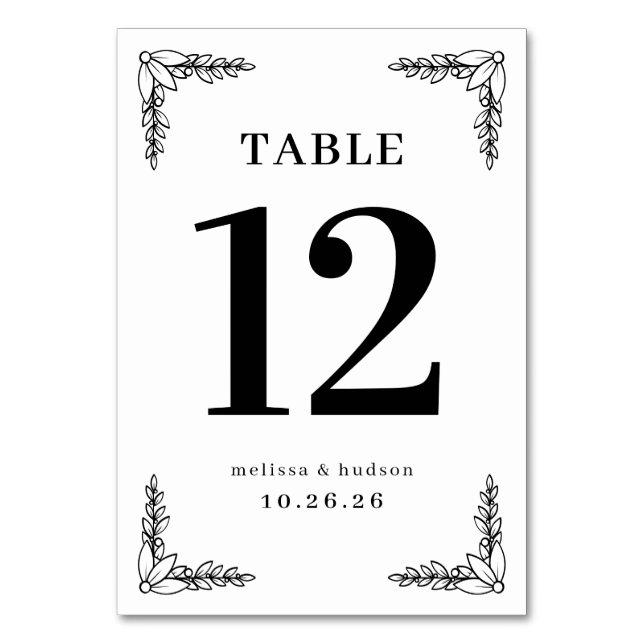 Elegant Black Floral Table Number (Front)