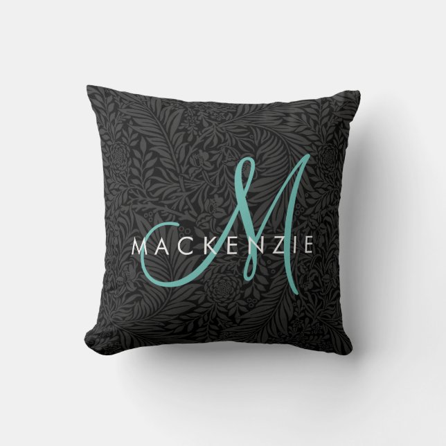 Elegant Black Floral Teal Script Monogram Throw Pillow (Front)
