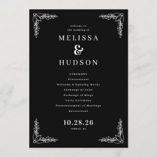 Elegant Black Floral Wedding Ceremony Schedule Program
