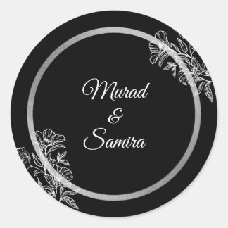 Elegant Black Floral Wedding  Classic Round Sticker