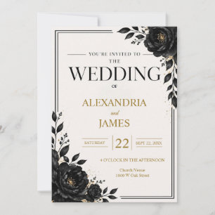 Elegant Black Floral Wedding Invitation