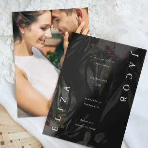 Elegant Black Floral Wedding Photo Invitation