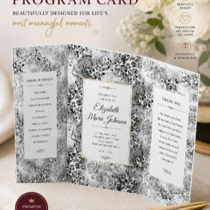 Elegant Black Floral Wedding Program Tri-Fold Programme