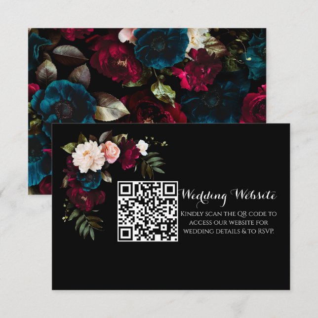 Elegant Black Floral Wedding Website QR Code Enclosure Card (Front/Back)