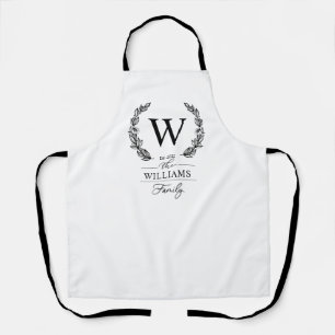 Elegant Black Floral Wreath Family Monogram Apron