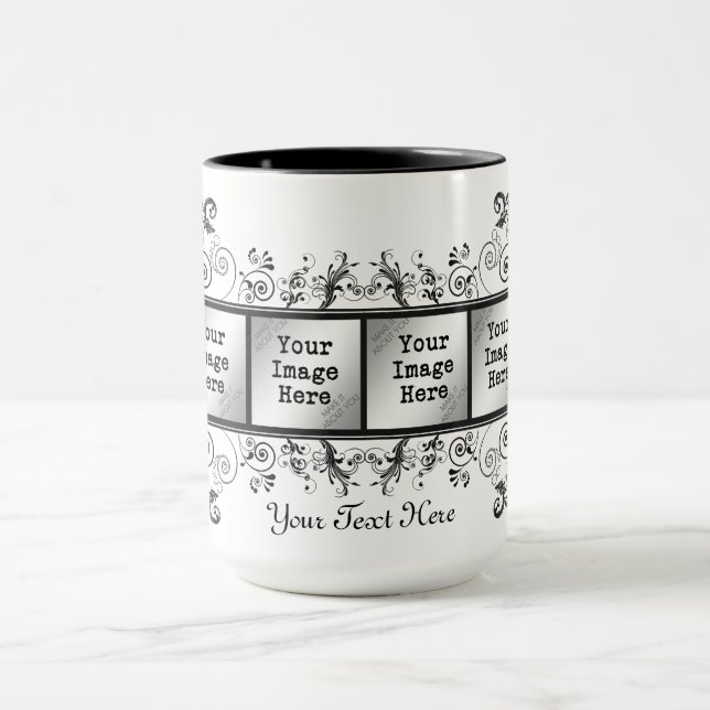 Elegant Black Flourish 6-Photo Frame Mug (Center)