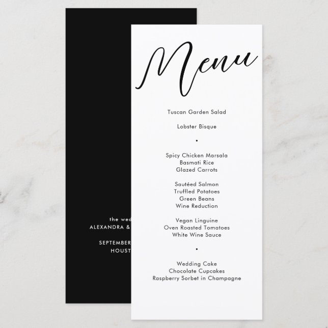 Elegant Black Flourish Calligraphy Wedding Dinner Menu (Front/Back)