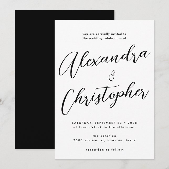 Elegant Black Flourish Calligraphy Wedding Invitation (Front/Back)