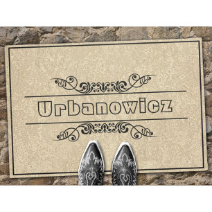 Elegant Black Flourishes Custom Name Welcome Doormat