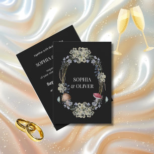 Elegant Black Flower and Mushroom Wreath Wedding Invitation
