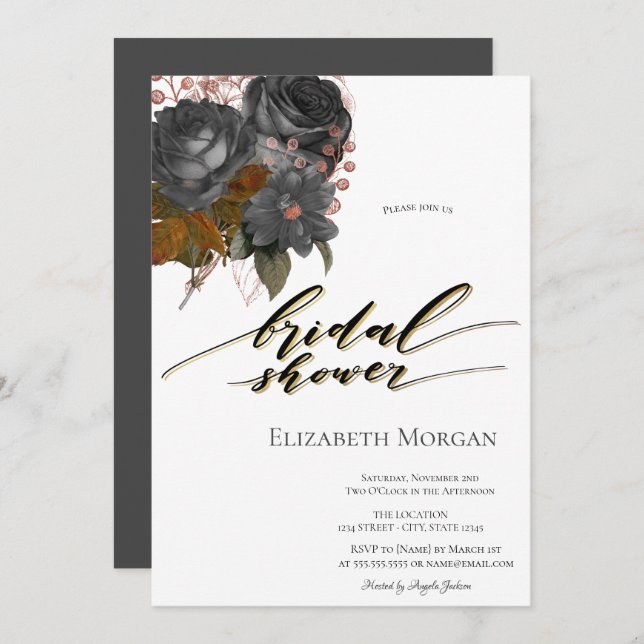 Elegant Black Flowers Bridal Shower  Invitation (Front/Back)