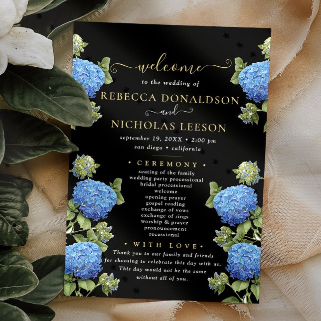 Elegant Black Flowers Calligraphy Wedding Program (Creator Uploaded)