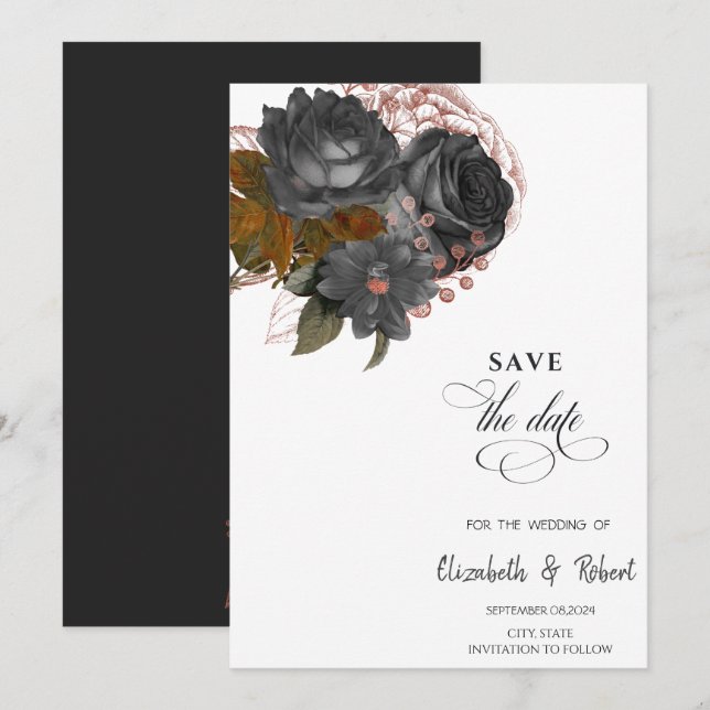 Elegant Black Flowers Save The Date (Front/Back)