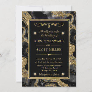 Elegant Black Foil and Gold Glitter Agate Wedding Invitation