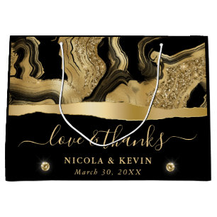 Elegant Black Foil and Gold Glitter Agate Wedding Large Gift Bag