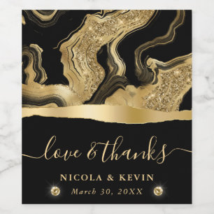 Elegant Black Foil and Gold Glitter Agate Wedding Wine Label