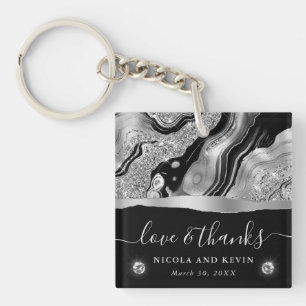 Elegant Black Foil & Silver Glitter Agate Wedding Keychain