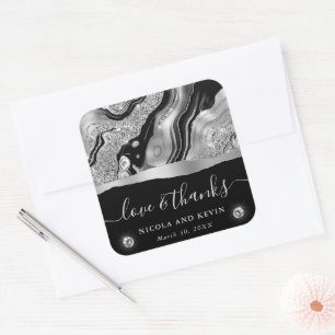 Elegant Black Foil & Silver Glitter Agate Wedding Square Sticker