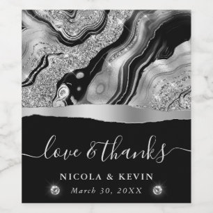 Elegant Black Foil & Silver Glitter Agate Wedding Wine Label