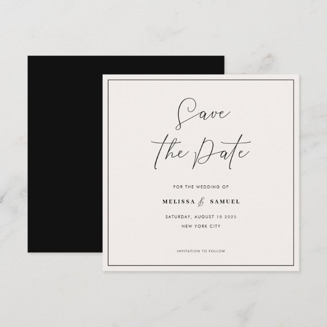 Elegant Black Frame Handwritten Script Wedding Save The Date (Front/Back)