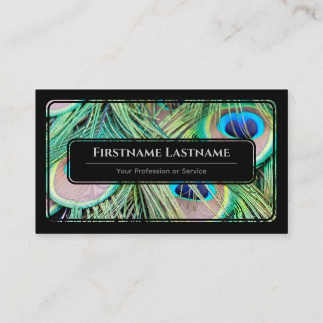 Elegant black framed peacock feathers blue green business card (Front)