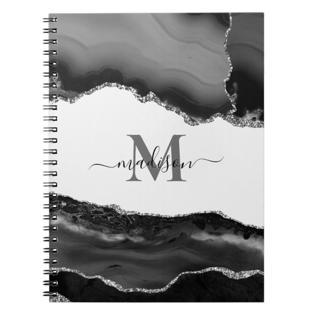 Elegant Black Geode Agate Monogram Silver Glitter Notebook (Front)