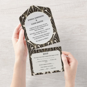 Elegant Black Geometric Roaring 20s Wedding All In One Invitation