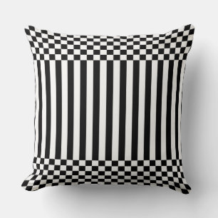 Elegant Black Geometric Stripes & Chequered White Throw Pillow
