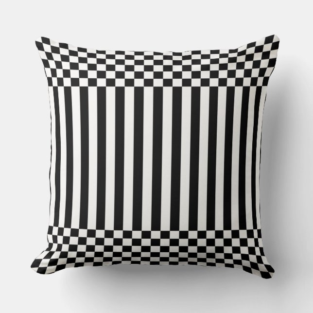 Elegant Black Geometric Stripes & Chequered White Throw Pillow (Front)