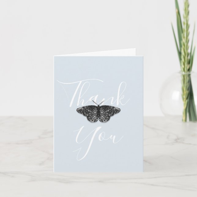 Elegant Black Glitter Butterfly Blue Folded Thank You Card (Front)