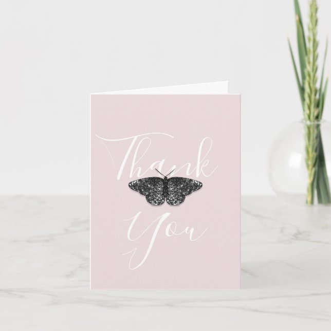 Elegant Black Glitter Butterfly Pink Folded Thank You Card (Front)