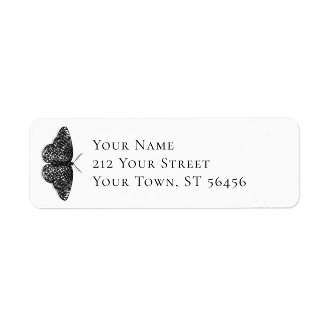 Elegant Black Glitter Butterfly Return Address (Front)