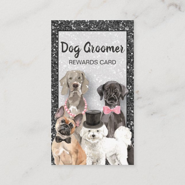 Elegant Black Glitter Dog Grooming Loyalty Card (Back)