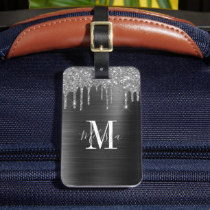 Elegant Black Glitter Drip Brushed Monogram Luggage Tag