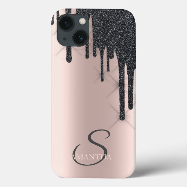 Elegant Black Glitter Drips Rose Gold Case-Mate iPhone Case (Back)