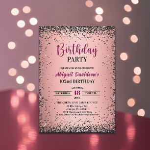 Elegant Black Glitter Metallic Pink 102nd Birthday Invitation