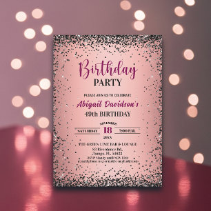 Elegant Black Glitter Metallic Pink 49th Birthday Invitation