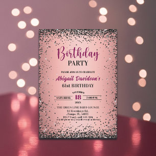 Elegant Black Glitter Metallic Pink 61st Birthday Invitation