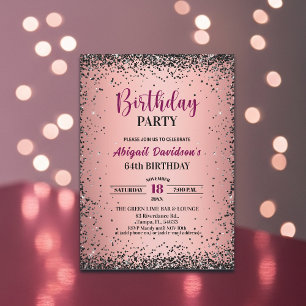 Elegant Black Glitter Metallic Pink 64th Birthday Invitation