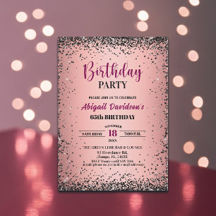 Elegant Black Glitter Metallic Pink 65th Birthday Invitation