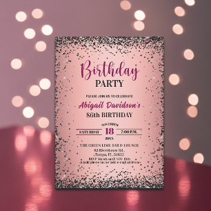Elegant Black Glitter Metallic Pink 86th Birthday Invitation