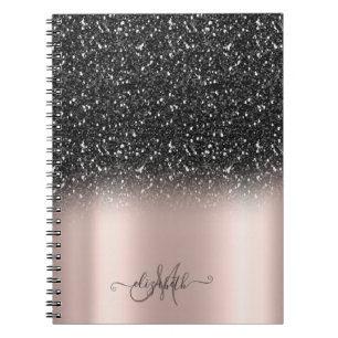 Elegant Black Glitter Ombre Monogram Rose Gold Notebook