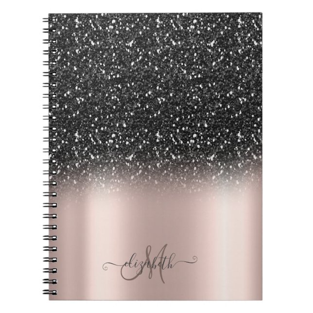 Elegant Black Glitter Ombre Monogram Rose Gold Notebook (Front)