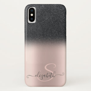 Elegant Black Glitter Ombre Rose Gold Monogram Case-Mate iPhone Case