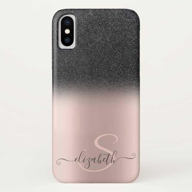 Elegant Black Glitter Ombre Rose Gold Monogram Case-Mate iPhone Case (Back)