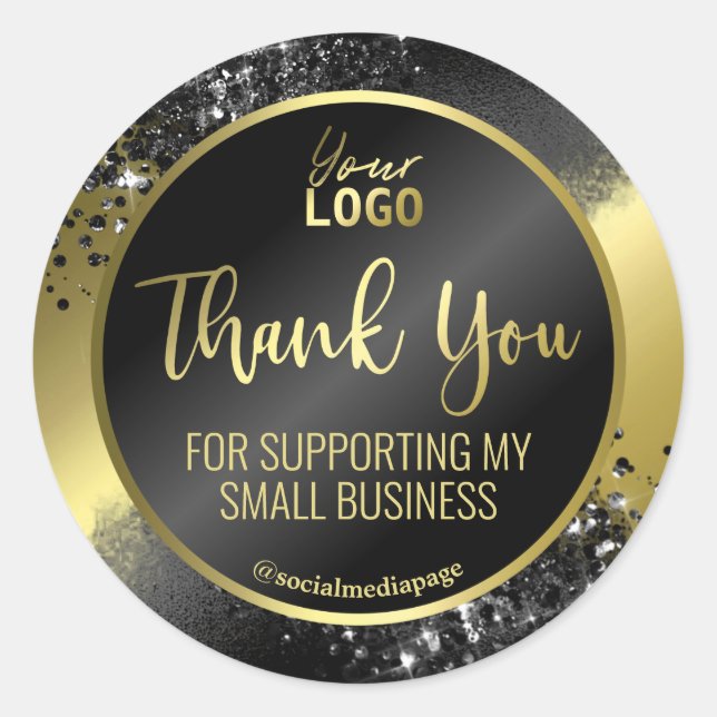 Elegant Black Glitter On Gold Foil Thank You Logo Classic Round Sticker (Front)