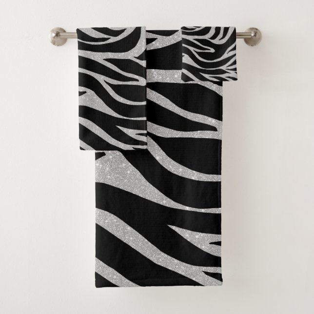 Elegant Black Glitter Silver Zebra Animal Print Bath Towel Set (Insitu)