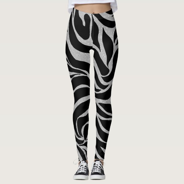 Elegant Black Glitter Silver Zebra Animal Print Leggings (Front)