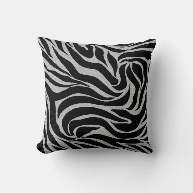 Elegant Black Glitter Silver Zebra Animal Print Throw Pillow (Front)
