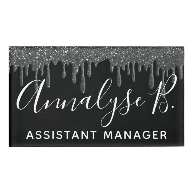 Elegant Black Glitter Sparkly Name Professional Name Tag (Front)